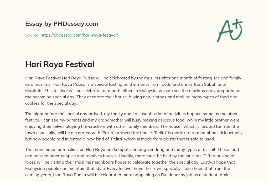 Hari Raya Festival Essay Example (300 Words) - PHDessay.com