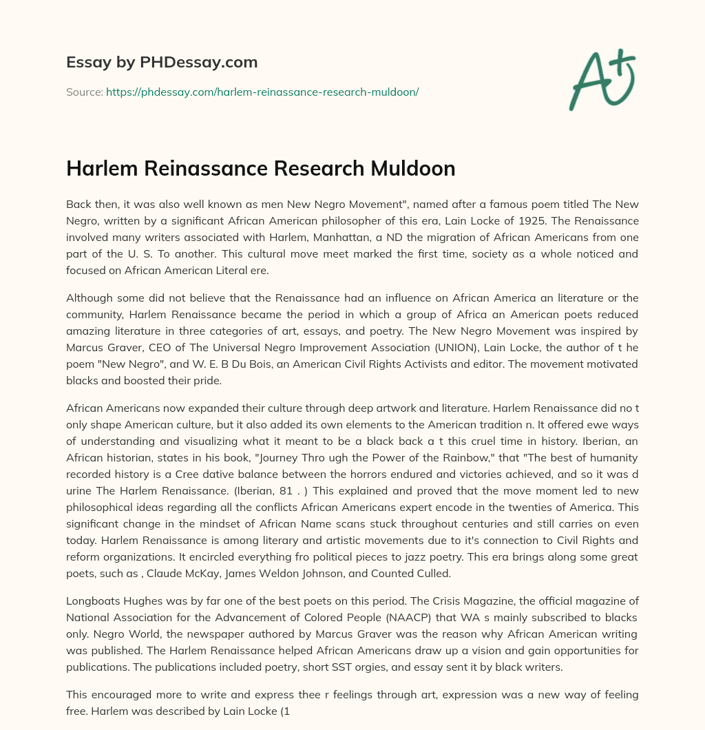 Harlem Reinassance Research Muldoon essay