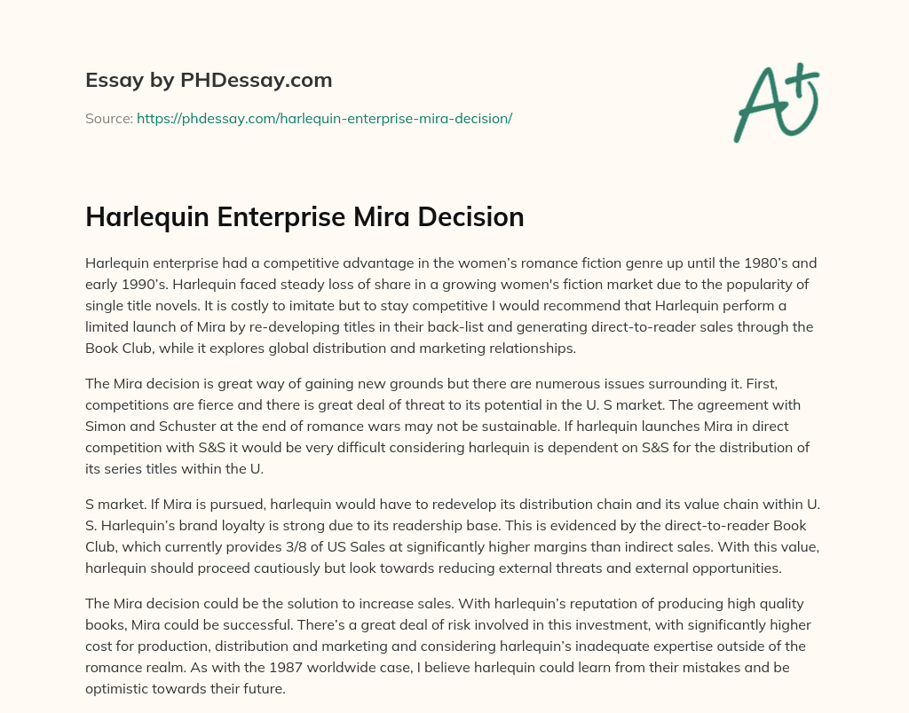 Harlequin Enterprises The Mira Decision Case Analysis