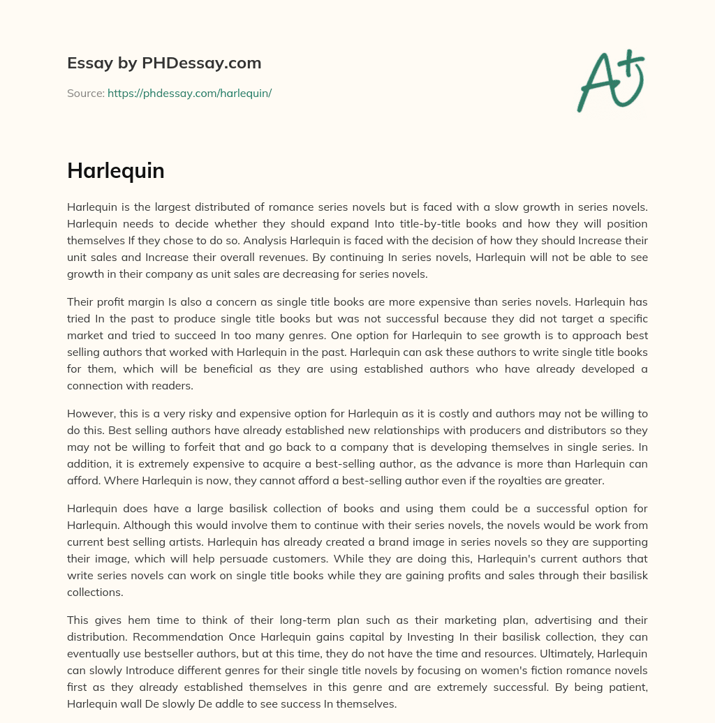 Harlequin’s Decision: Expand into Title-by-Title Books and Positioning Strategy essay
