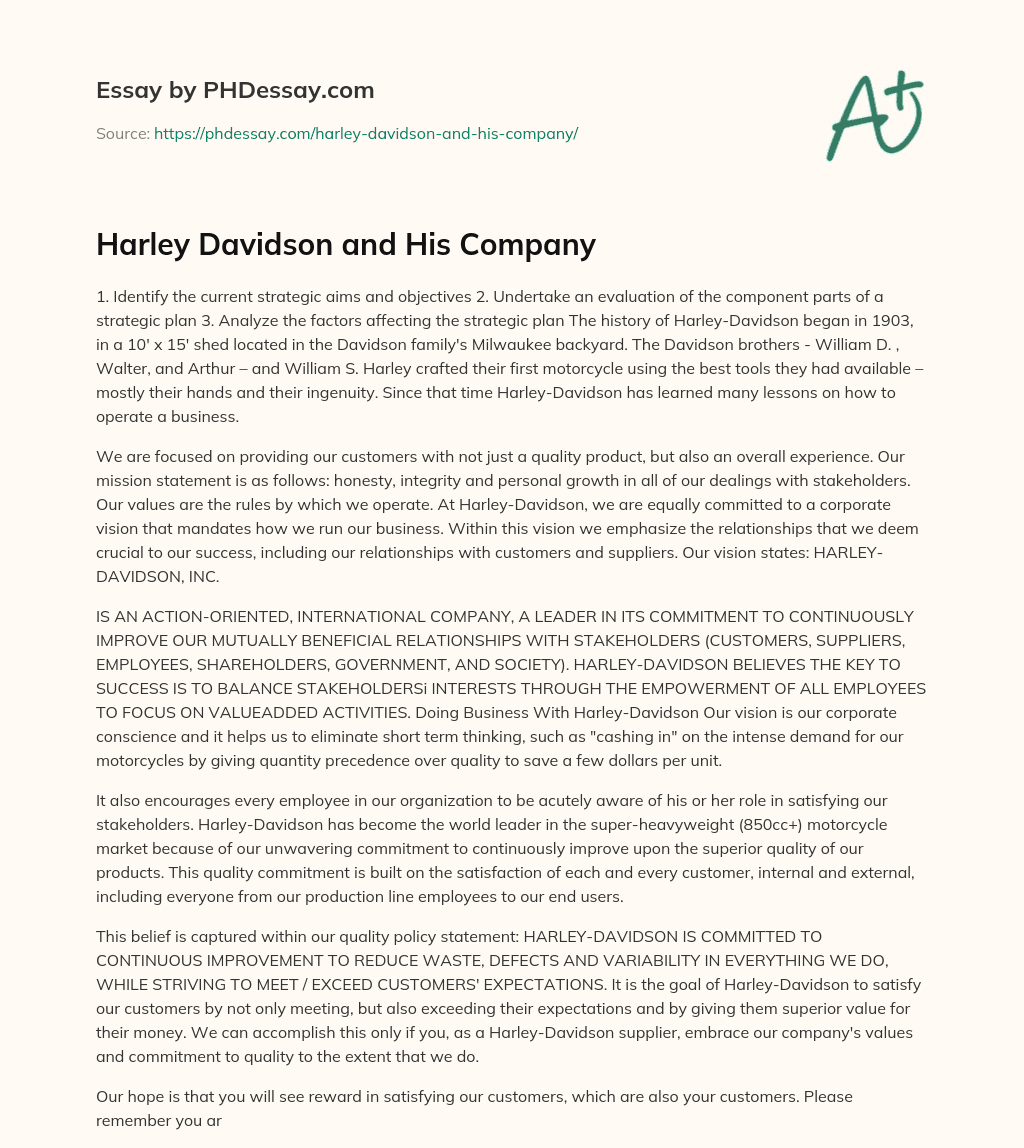 Harley Davidson and His Company essay