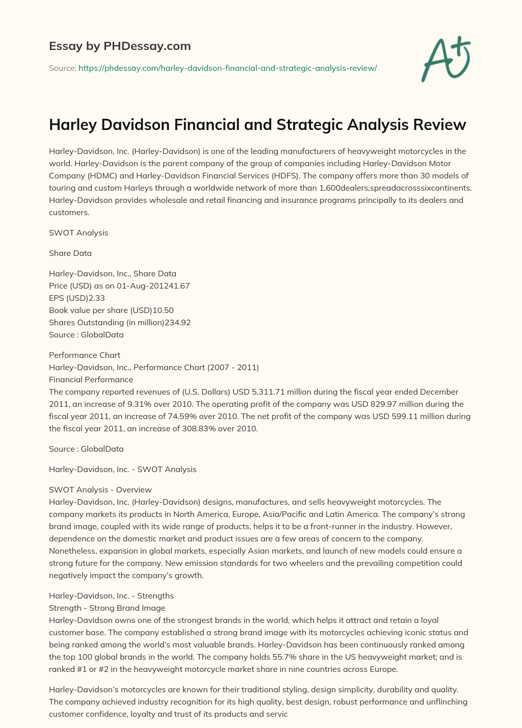 Harley Davidson Financial and Strategic Analysis Review essay