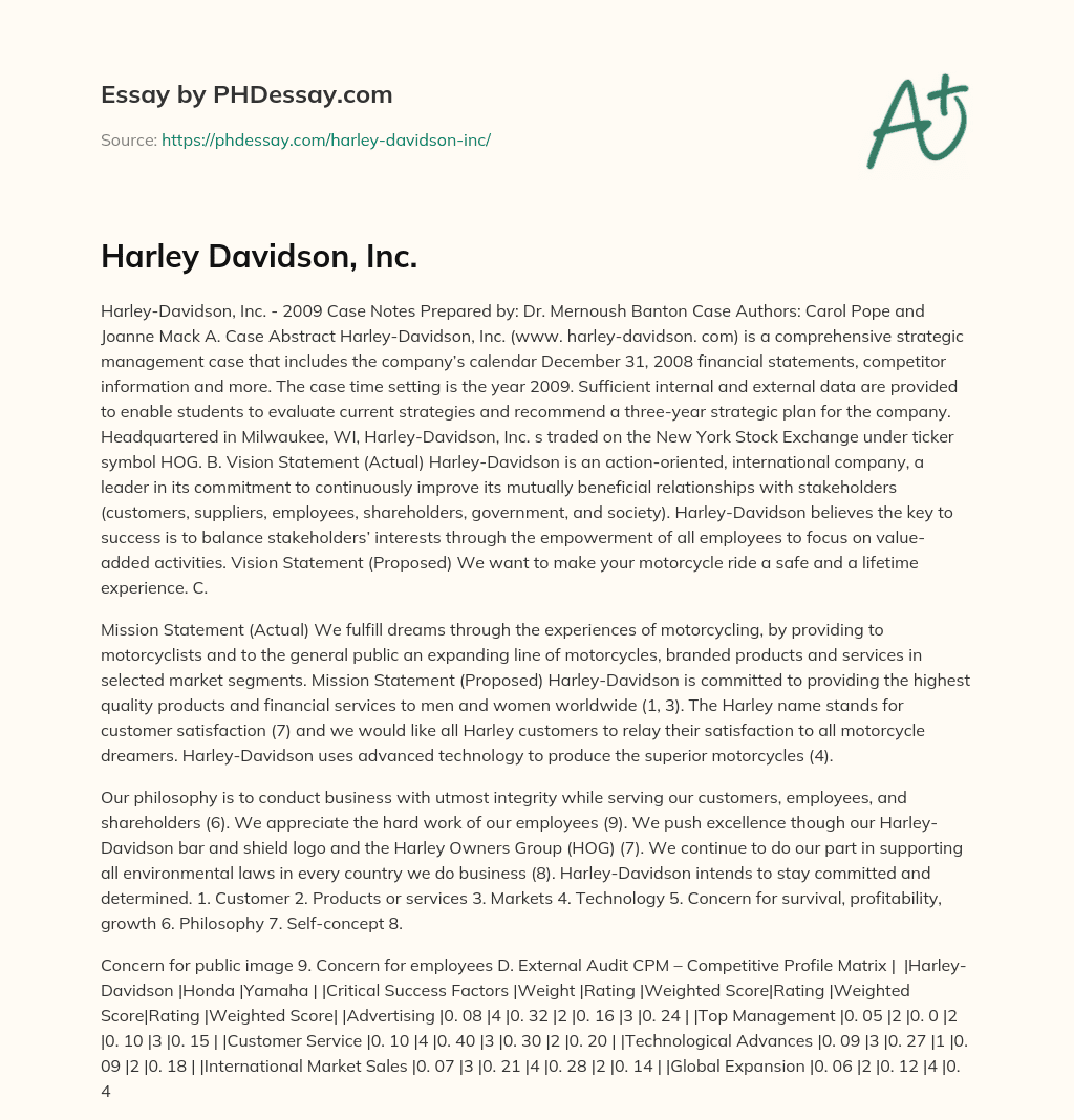 Harley-Davidson’s Strategic Management Case for 2009 essay