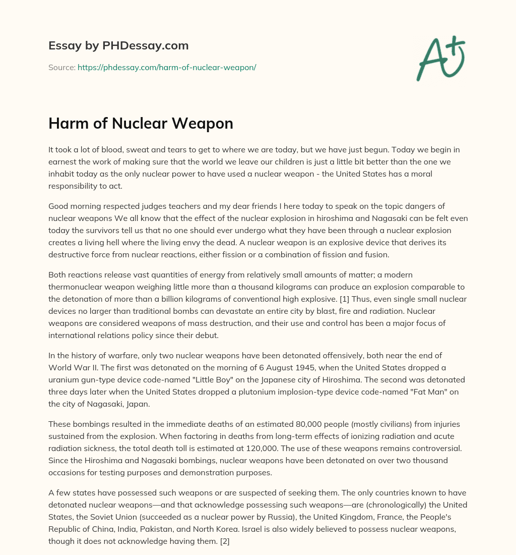 Harm of Nuclear Weapon essay