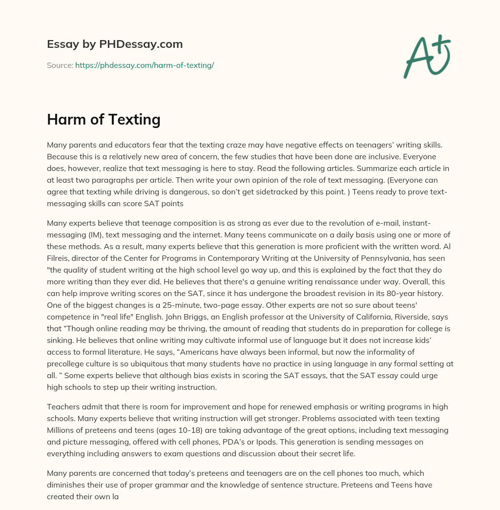 Harm of Texting essay