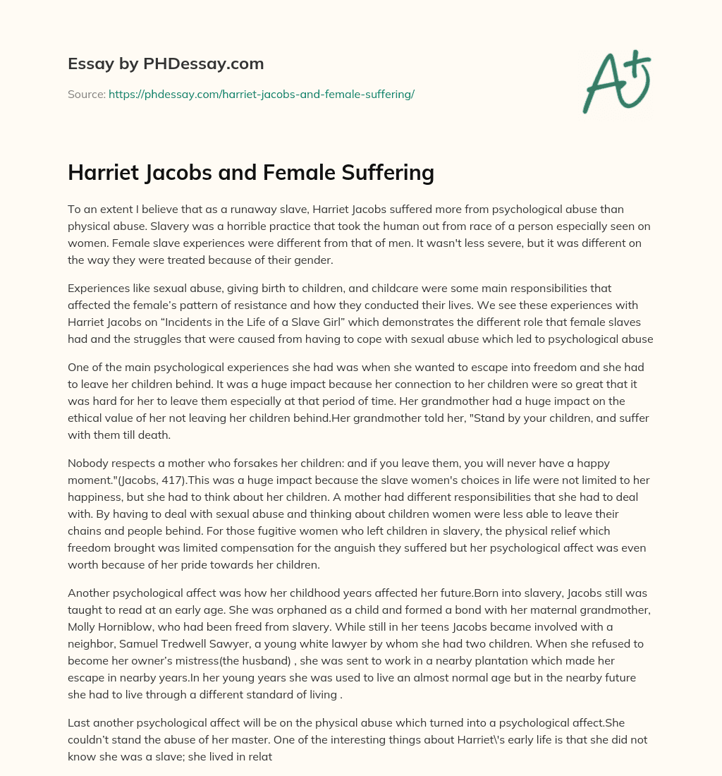 Harriet Jacobs and Female Suffering essay