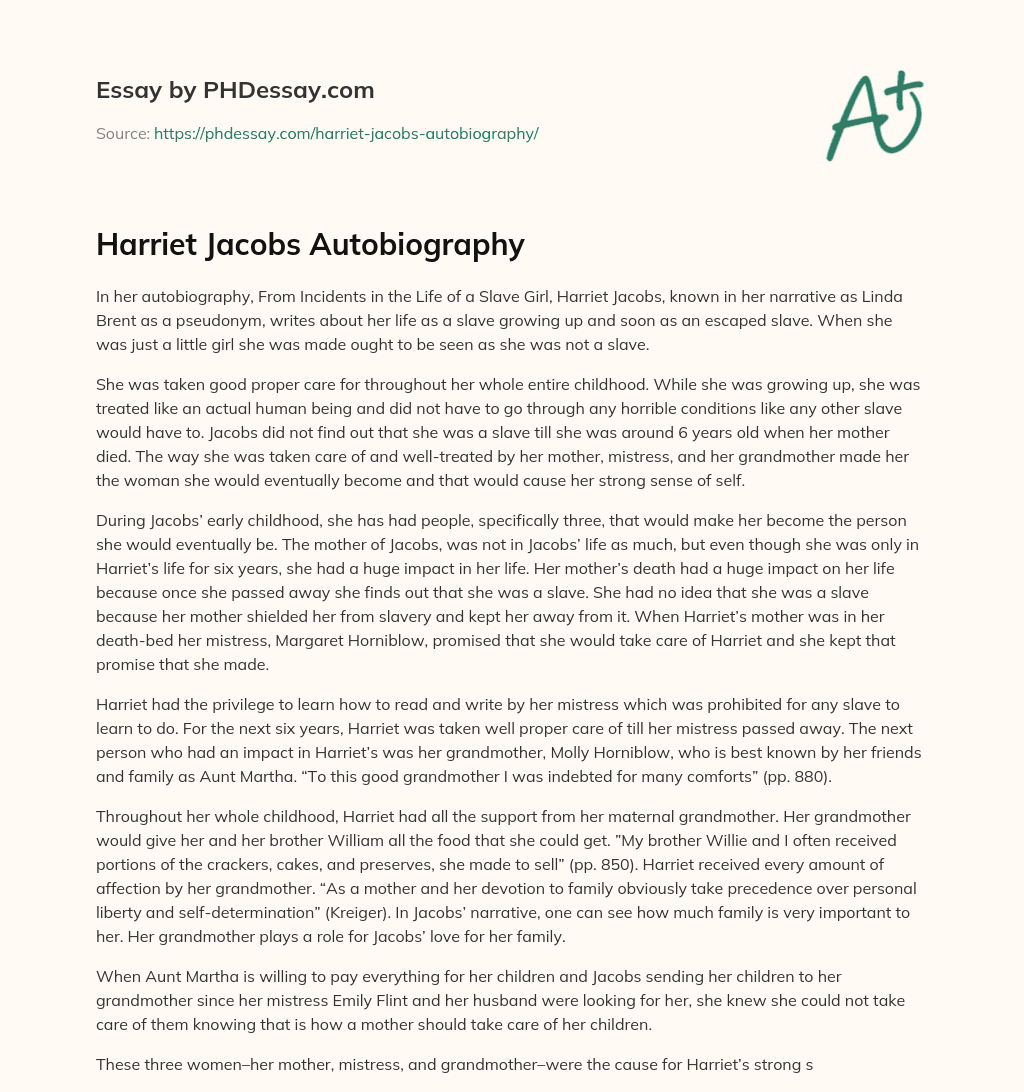 Harriet Jacobs Autobiography essay