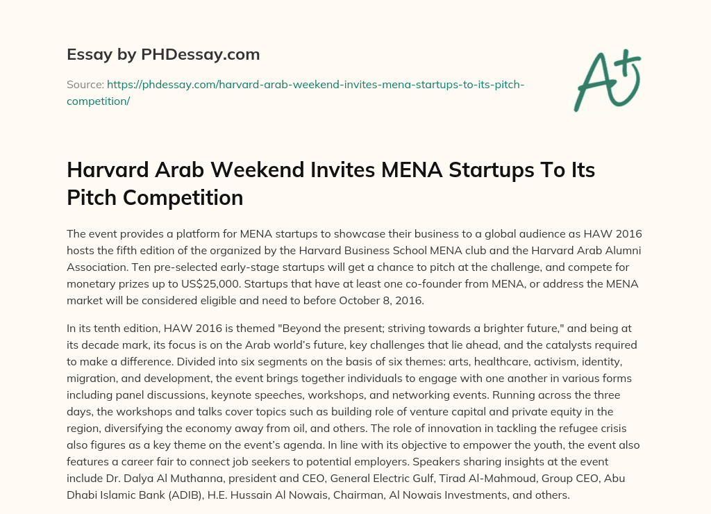 Harvard Arab Weekend Invites MENA Startups To Its Pitch Competition essay