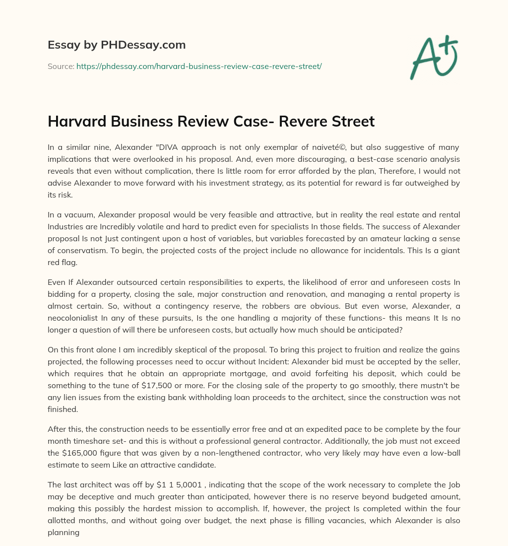 Harvard Business Review Case- Revere Street essay
