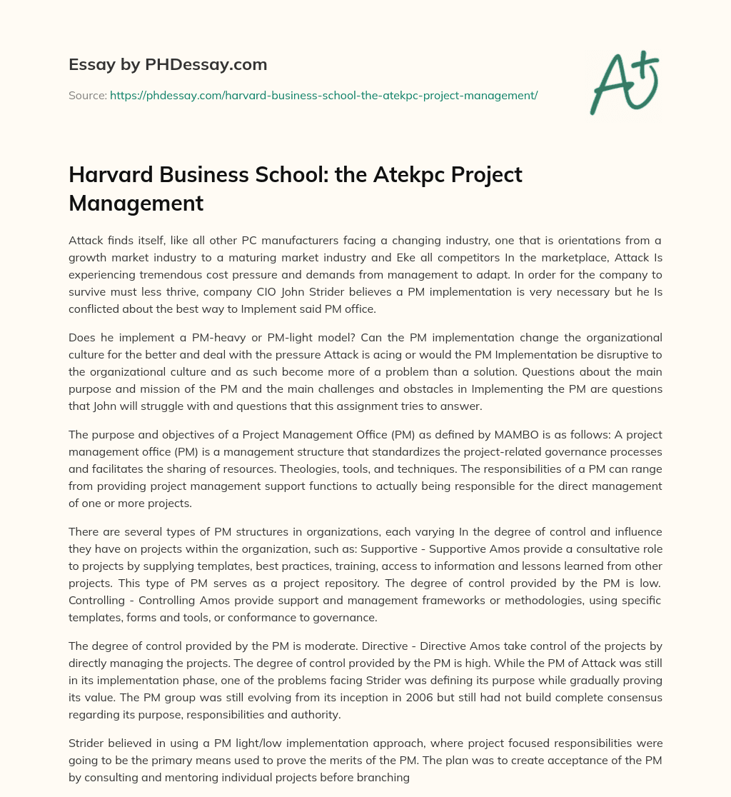Harvard Business School: the Atekpc Project Management essay