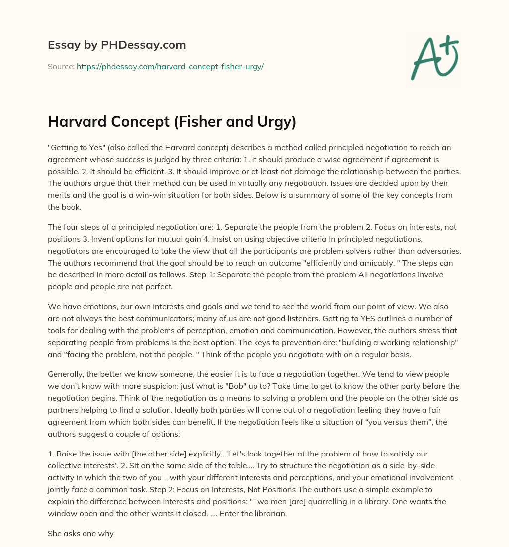 Harvard Concept (Fisher and Urgy) essay