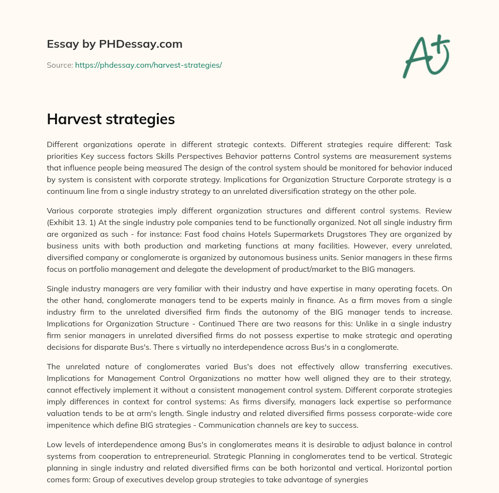 Harvest strategies essay
