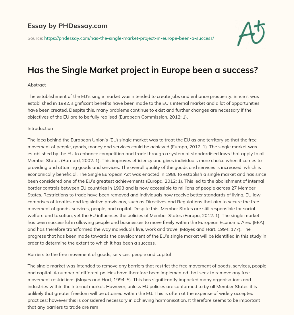 Has the Single Market project in Europe been a success? essay