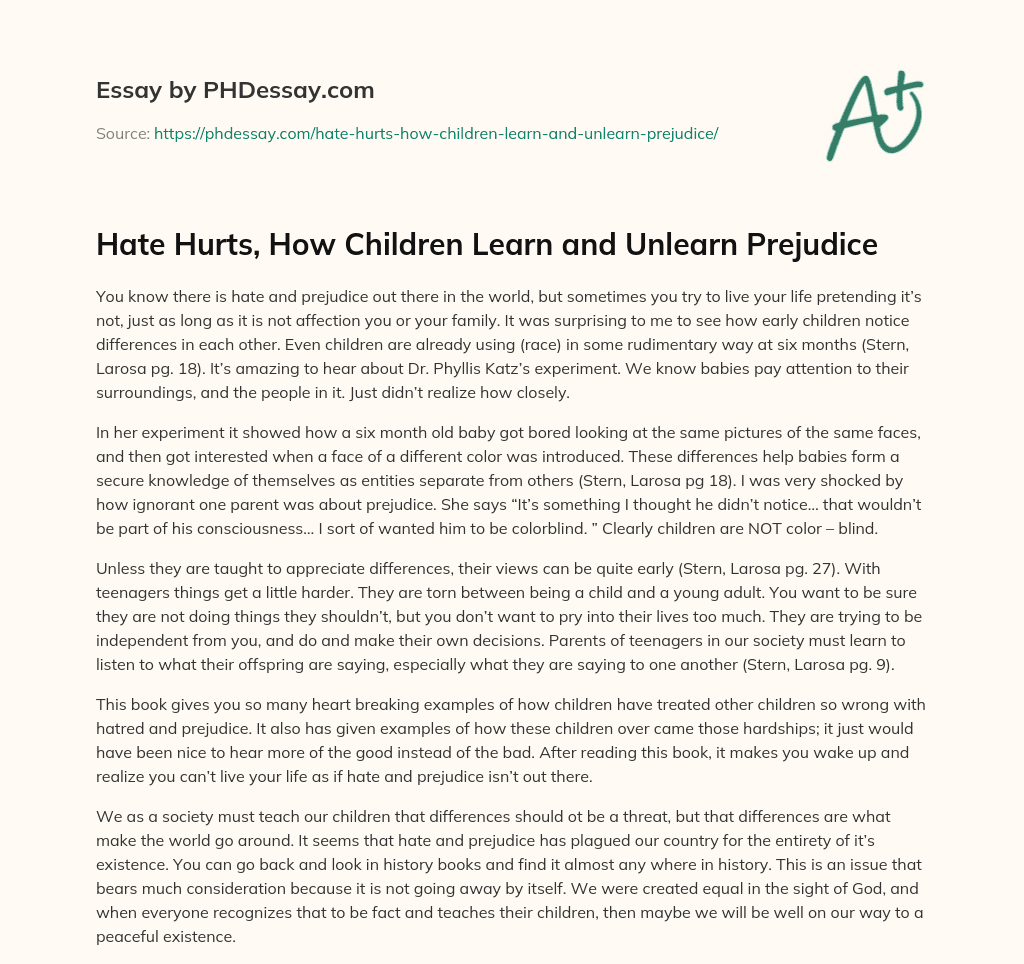 Hate Hurts, How Children Learn and Unlearn Prejudice essay
