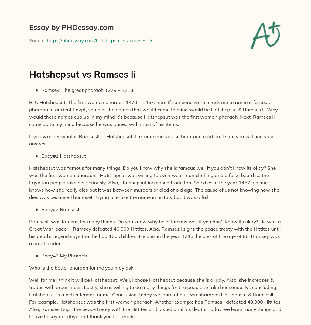 Hatshepsut vs Ramses Ii essay