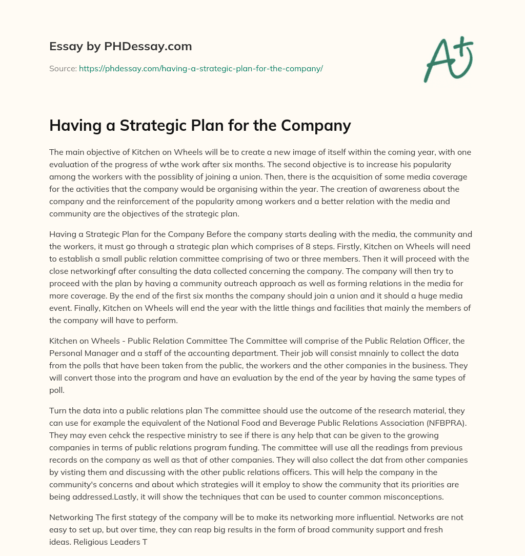 Having a Strategic Plan for the Company  essay