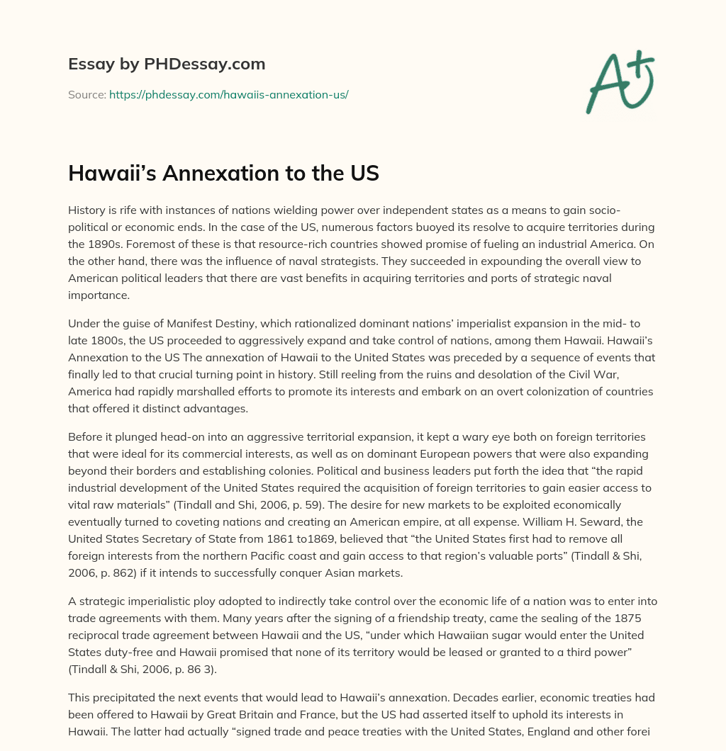 Hawaii’s Annexation to the US essay