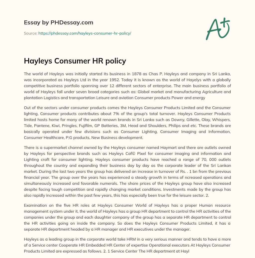 Hayleys Consumer HR policy essay
