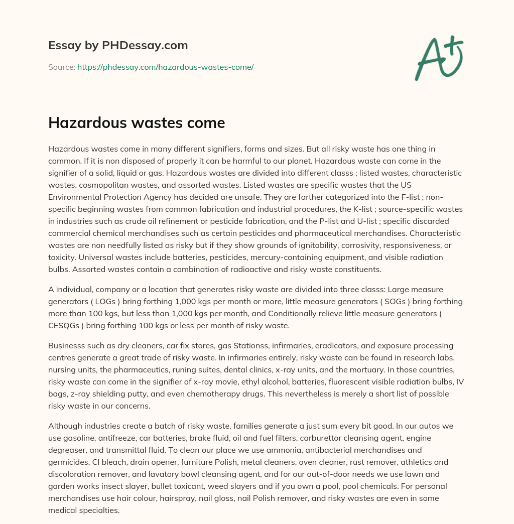 Hazardous wastes come essay