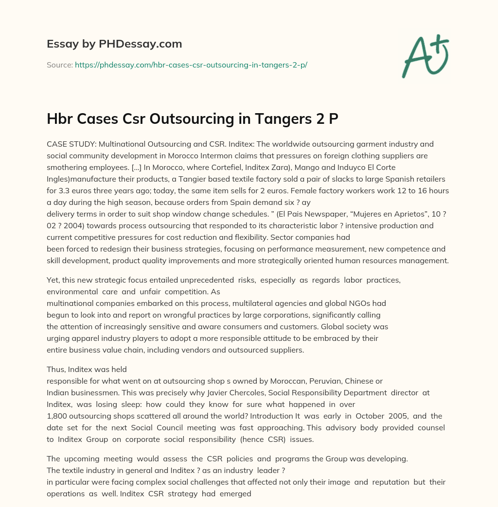 Hbr Cases Csr Outsourcing in Tangers 2 P essay