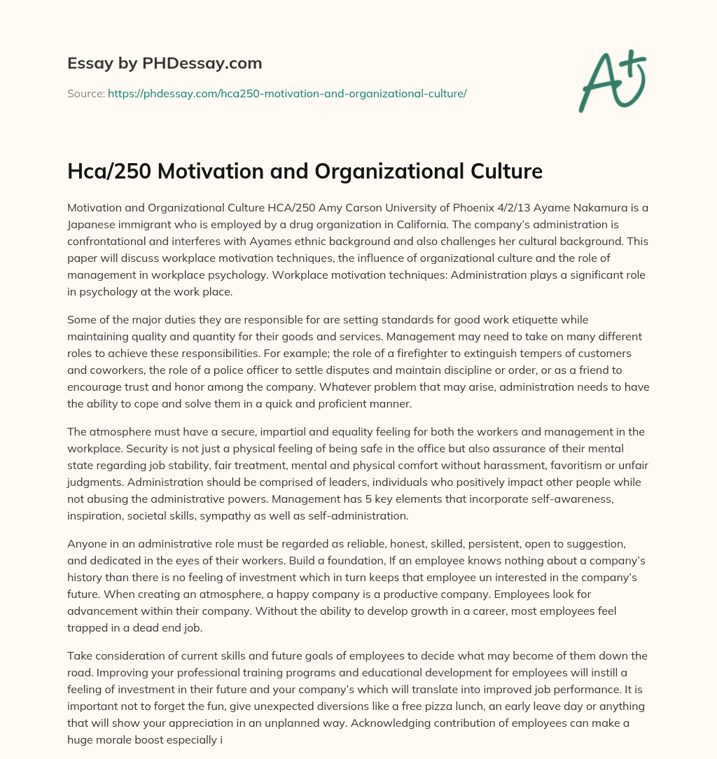 Motivation and Organizational Culture essay