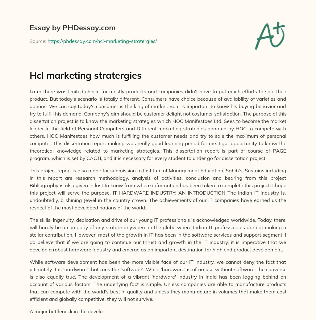 Hcl marketing stratergies essay