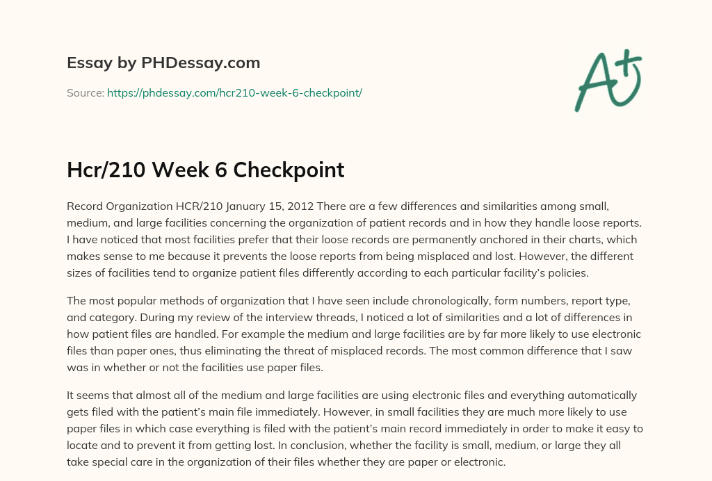 Hcr/210 Week 6 Checkpoint essay
