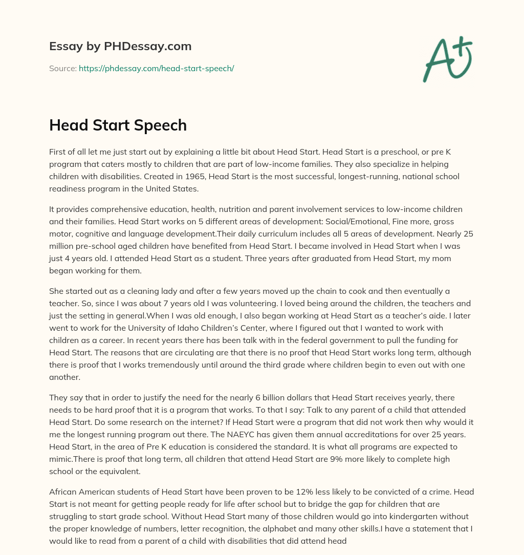 Head Start Speech essay