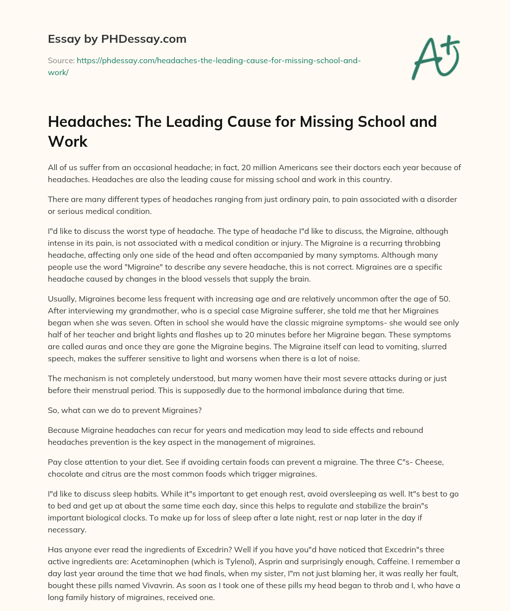 Headaches: The Leading Cause for Missing School and Work essay