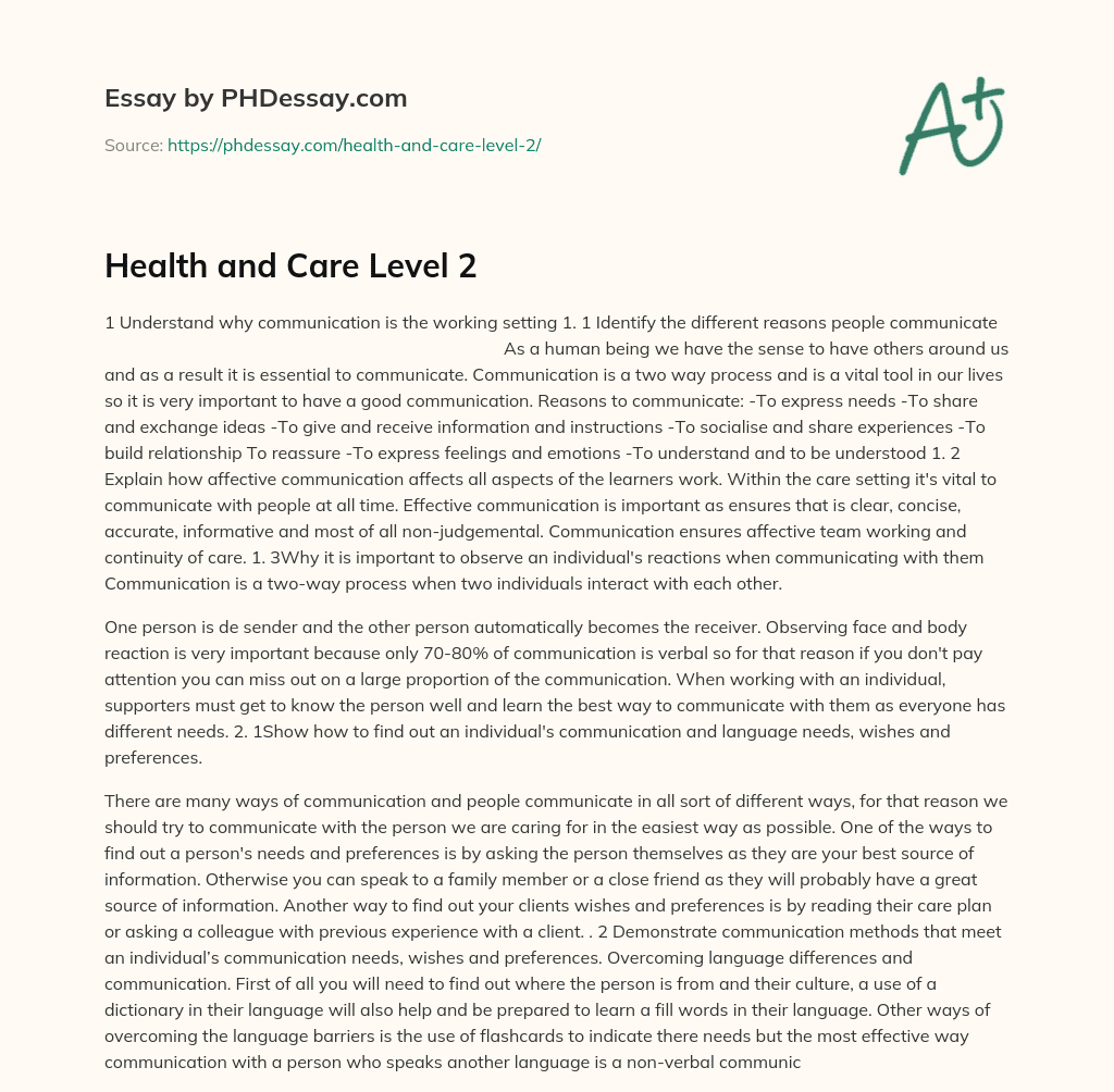 Health and Care Level 2 essay