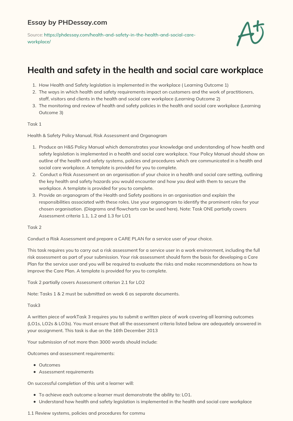 Health and safety in the health and social care workplace essay
