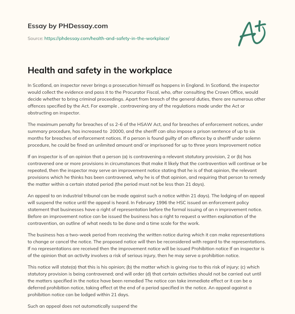 Health and safety in the workplace essay