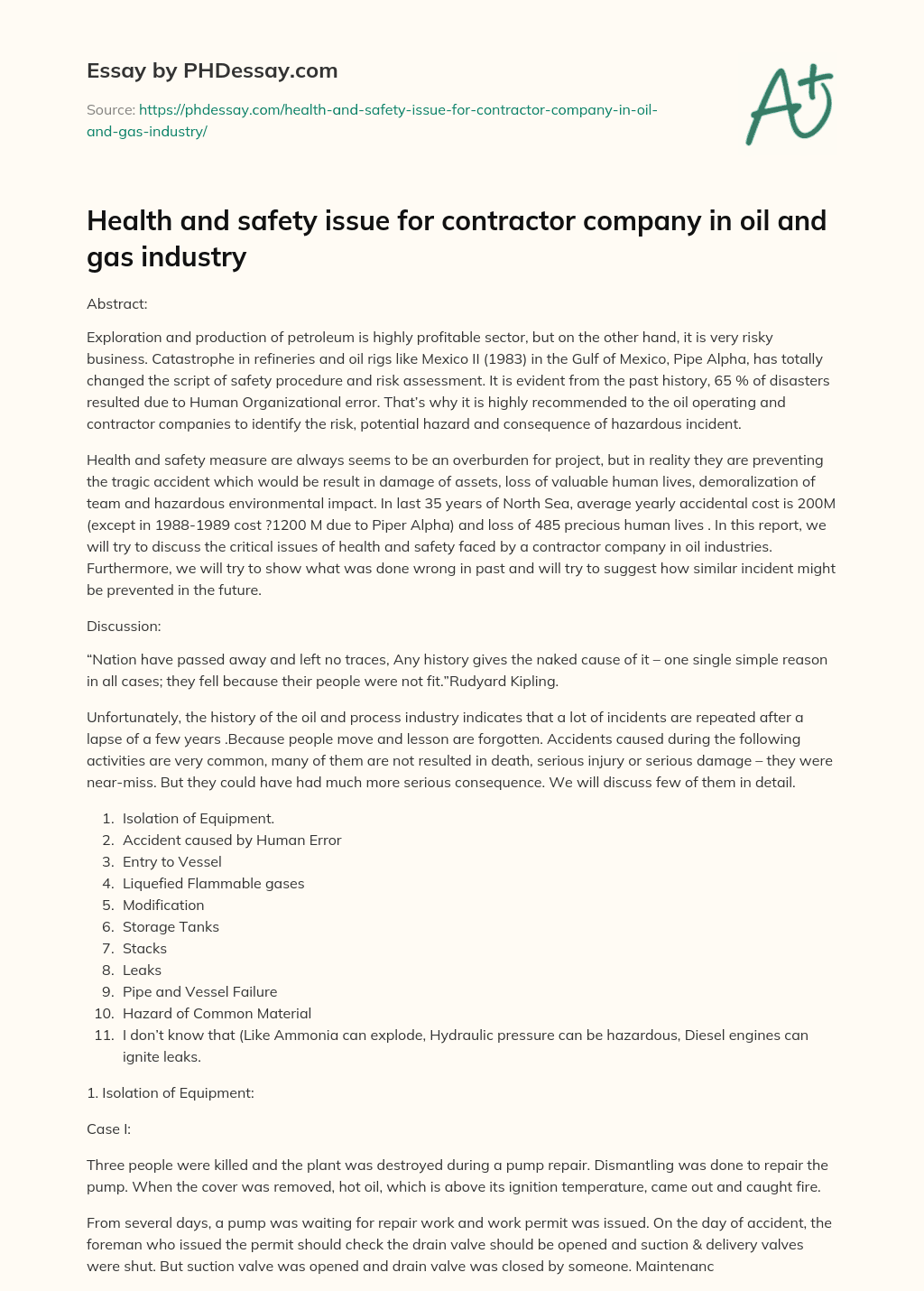 Health and safety issue for contractor company in oil and gas industry essay