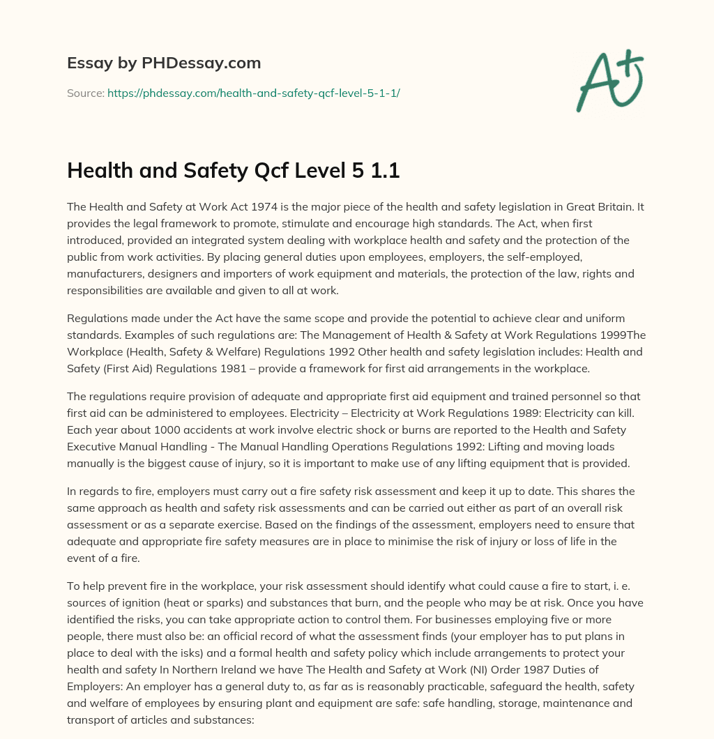 Health and Safety Qcf Level 5 1.1 essay