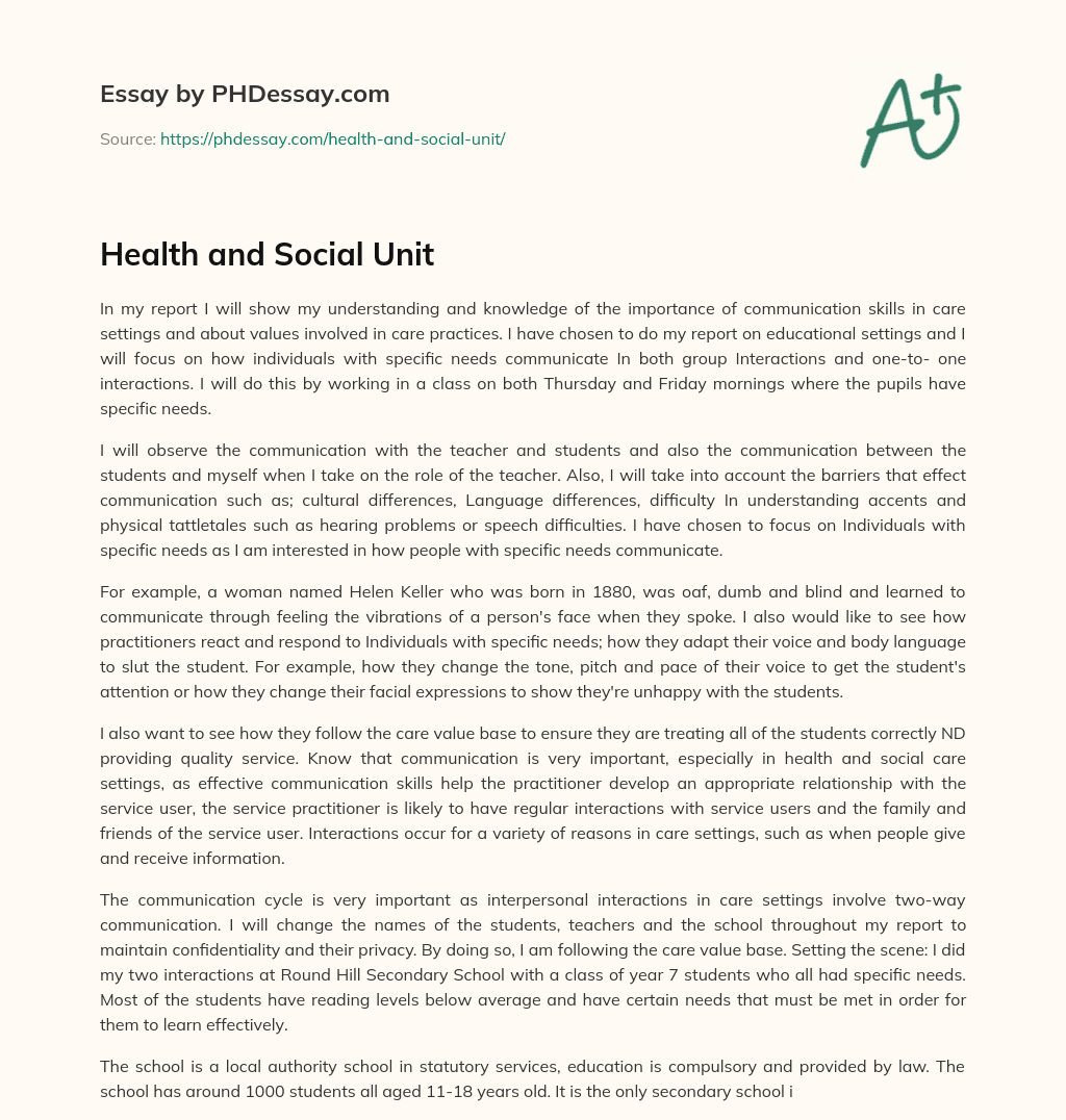 Health and Social Unit essay