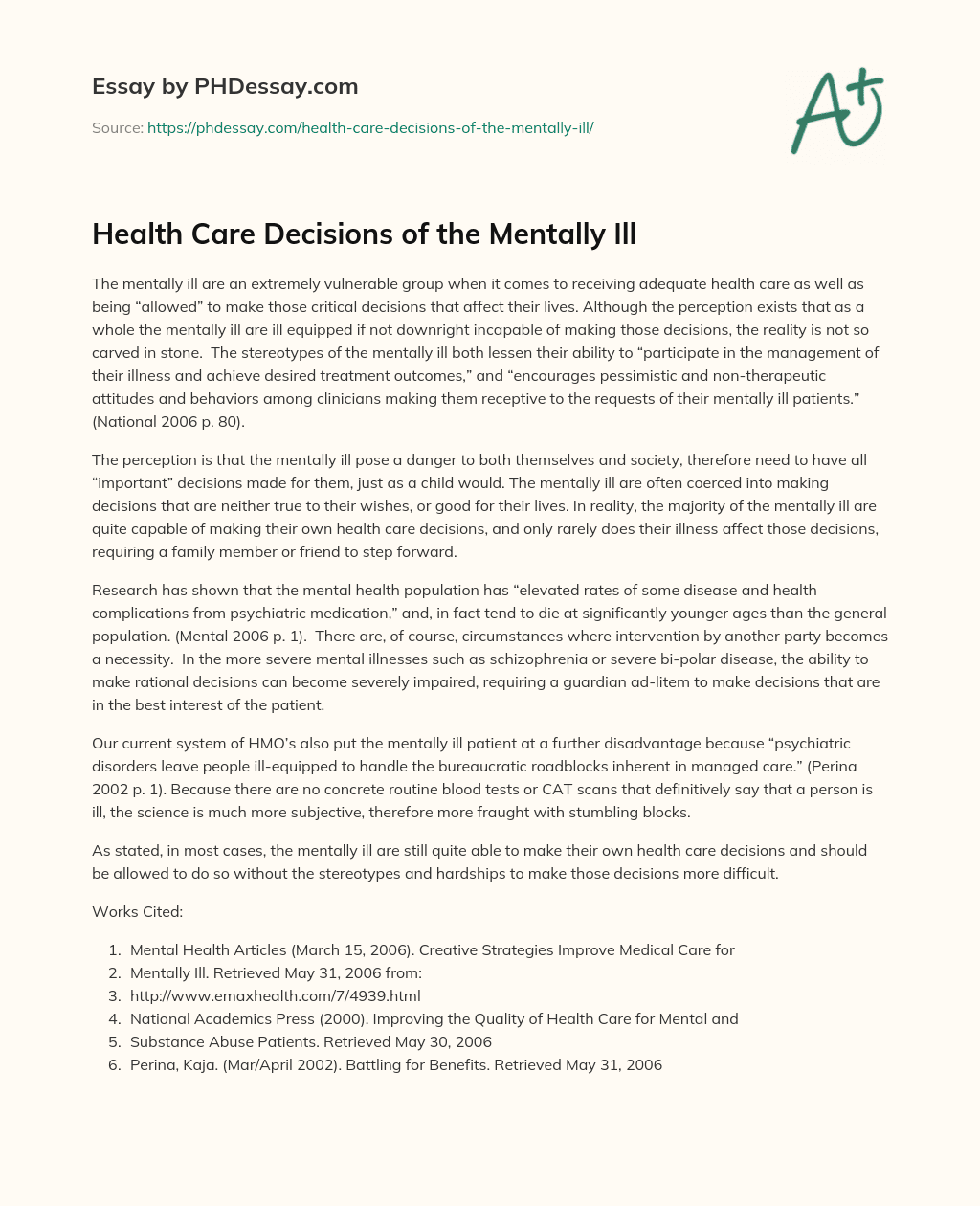 Health Care Decisions of the Mentally Ill essay