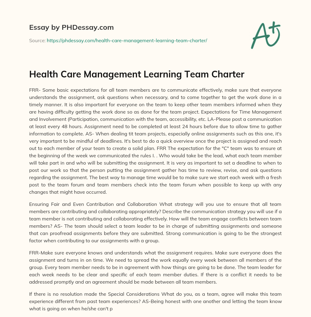 Health Care Management Learning Team Charter essay