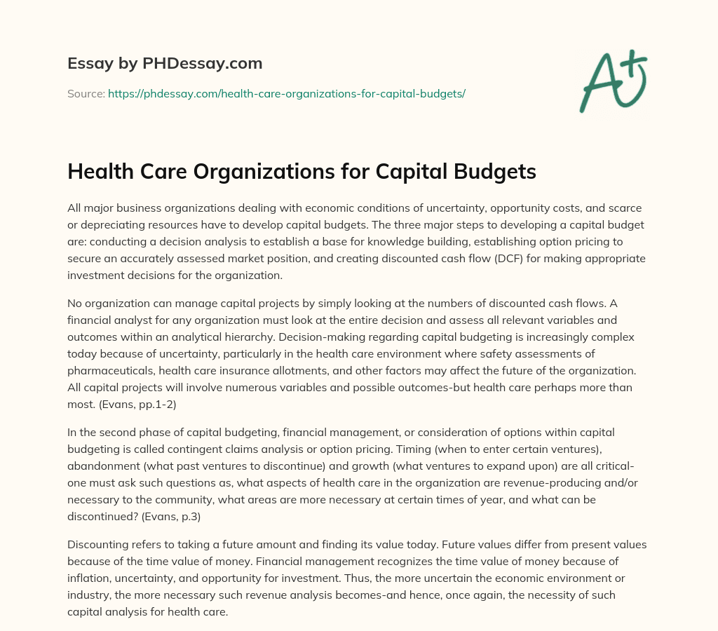 Health Care Organizations for Capital Budgets essay