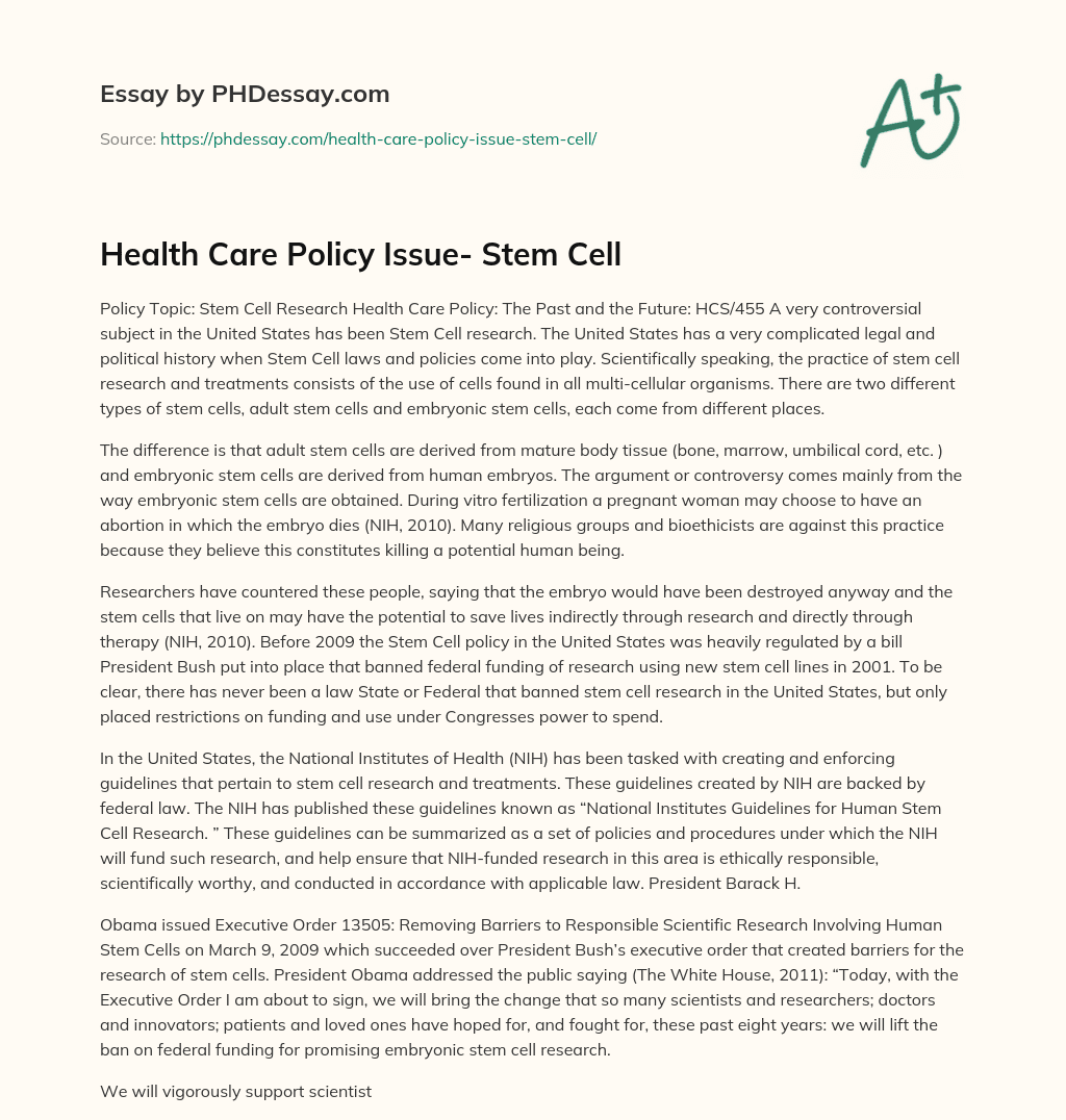 Health Care Policy Issue- Stem Cell essay