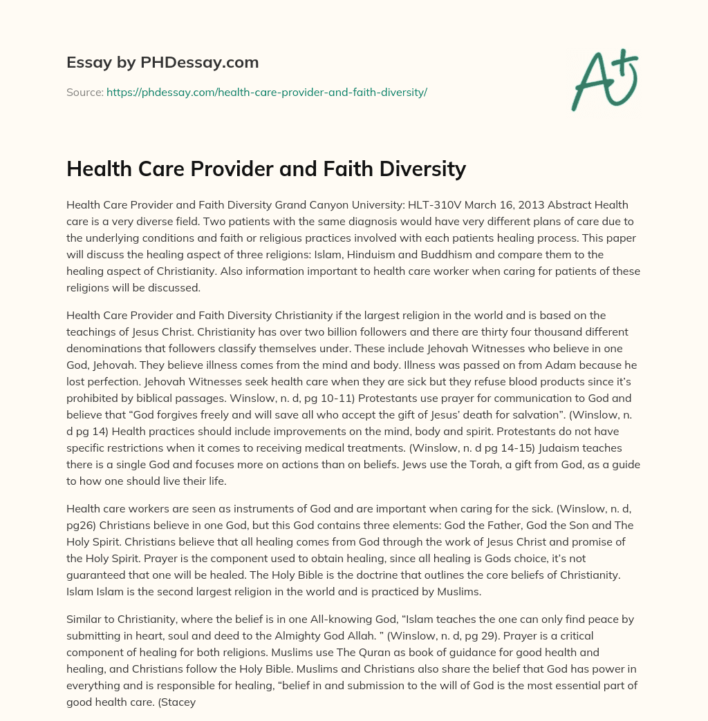 Health Care Provider and Faith Diversity essay