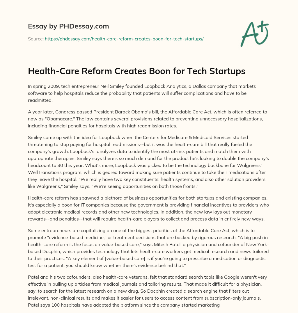 Health-Care Reform Creates Boon for Tech Startups essay