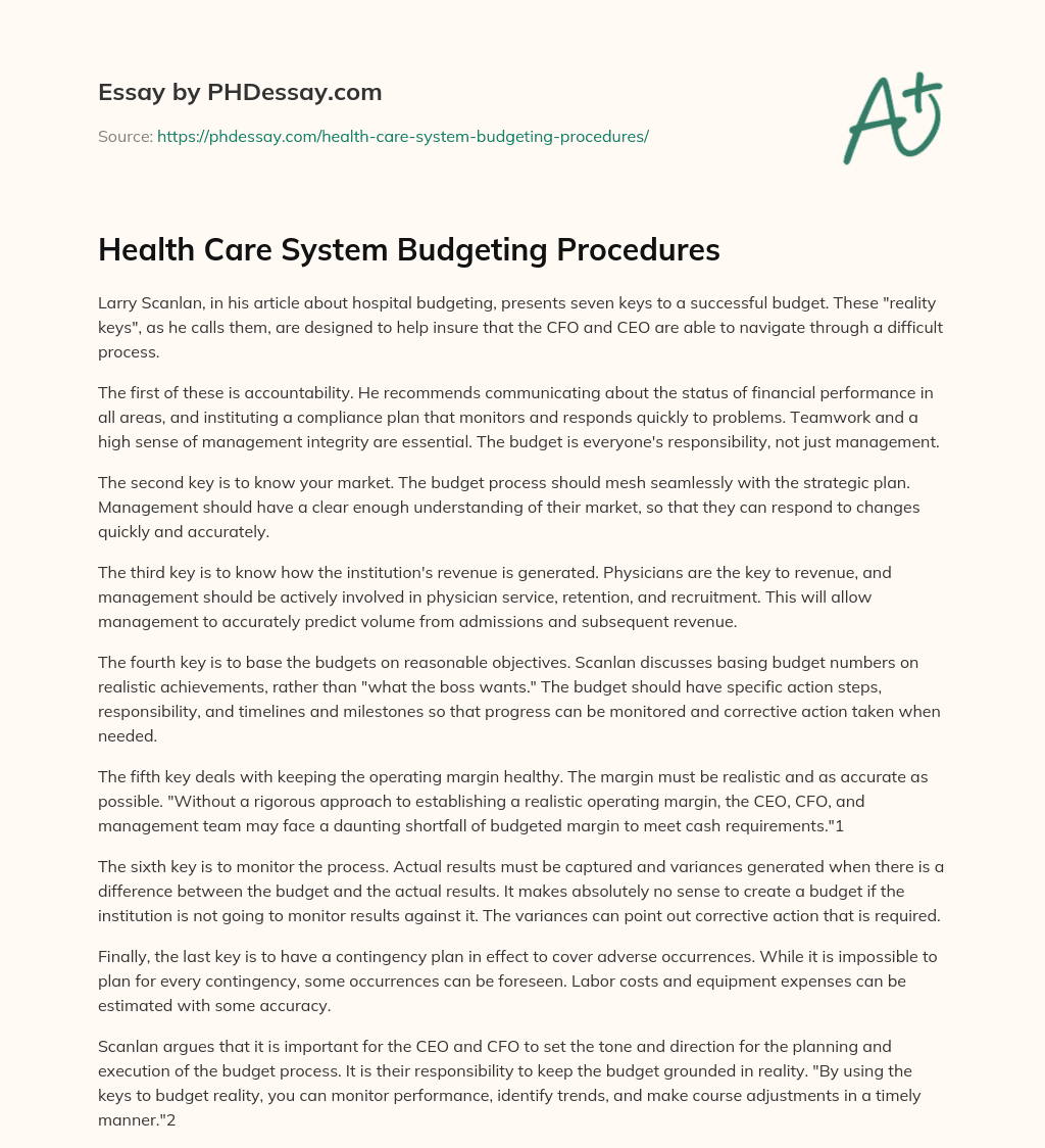 Health Care System Budgeting Procedures essay