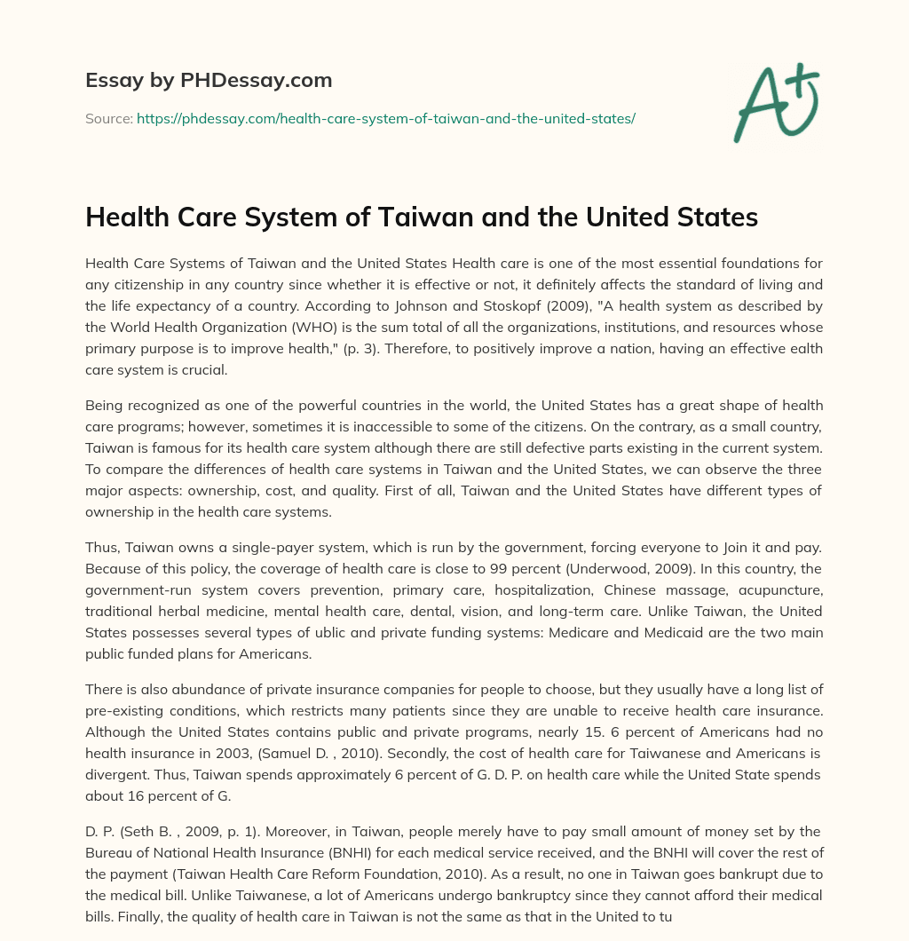 Health Care System of Taiwan and the United States essay
