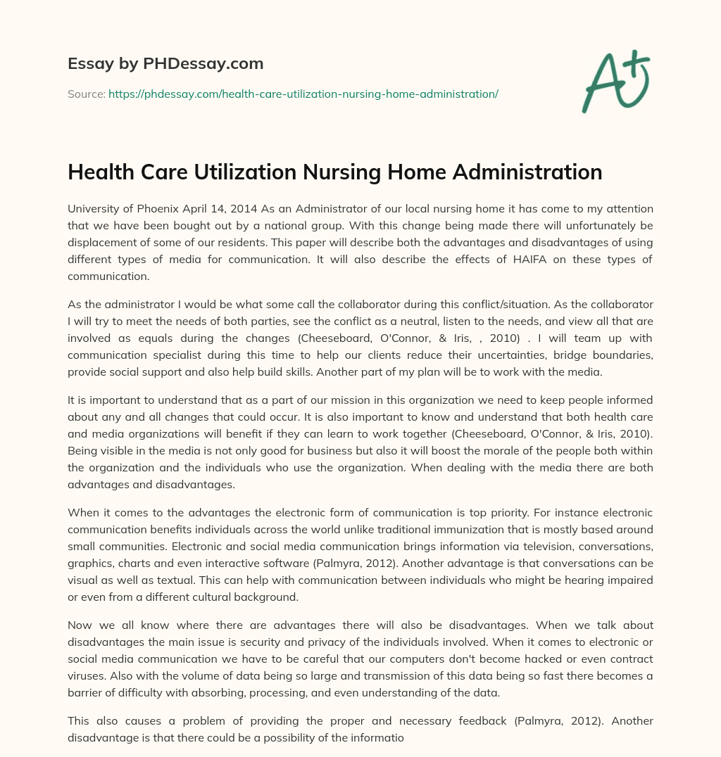 Health Care Utilization Nursing Home Administration essay