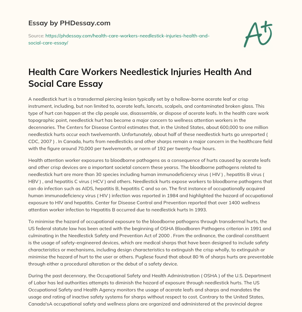 Health Care Workers Needlestick Injuries Health And Social Care Essay essay
