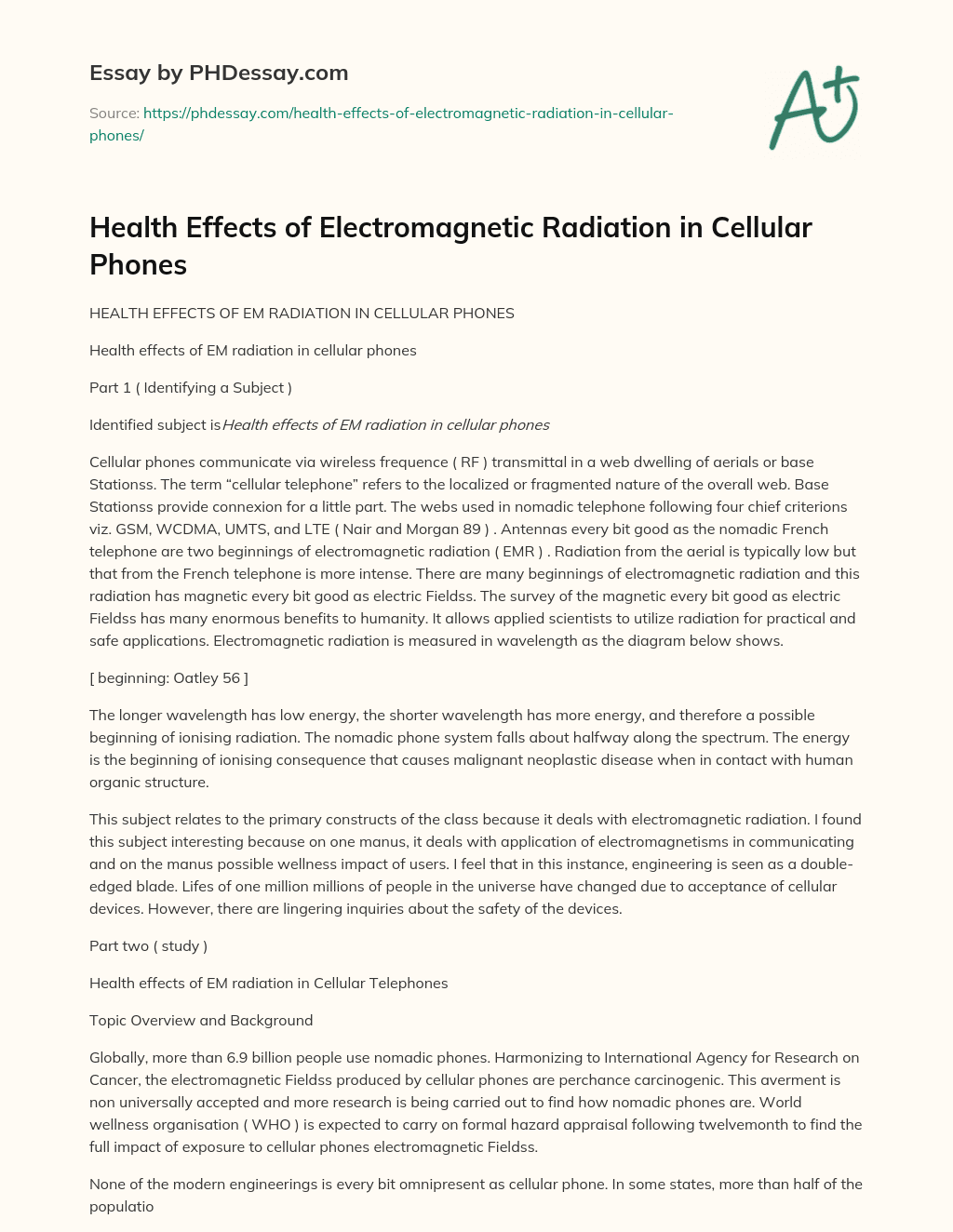 Health Effects of Electromagnetic Radiation in Cellular Phones essay