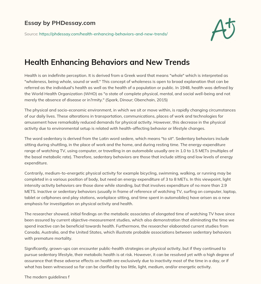 Health Enhancing Behaviors And New Trends Definition Example PHDessay