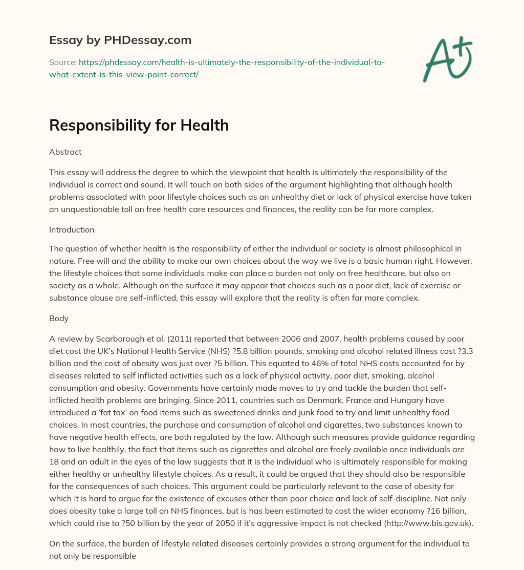 Responsibility for Health essay