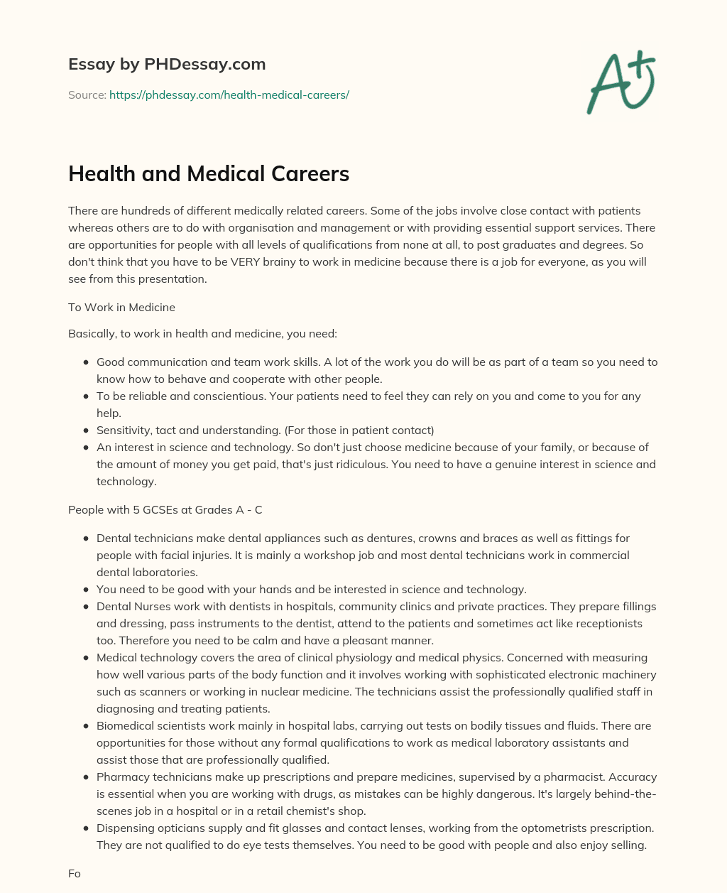 Health and Medical Careers essay