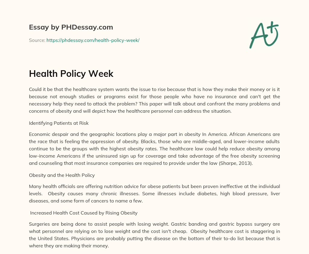 Health Policy Week essay